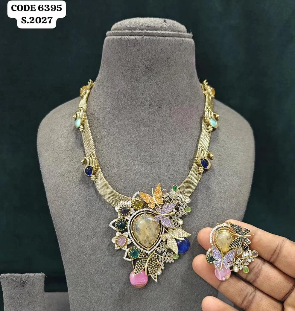 Luxury Royal Floral Peacock Emerald Pear Gemstones Statement Choker Necklace Earrings Set Premium Party Designer Costume Jewelry