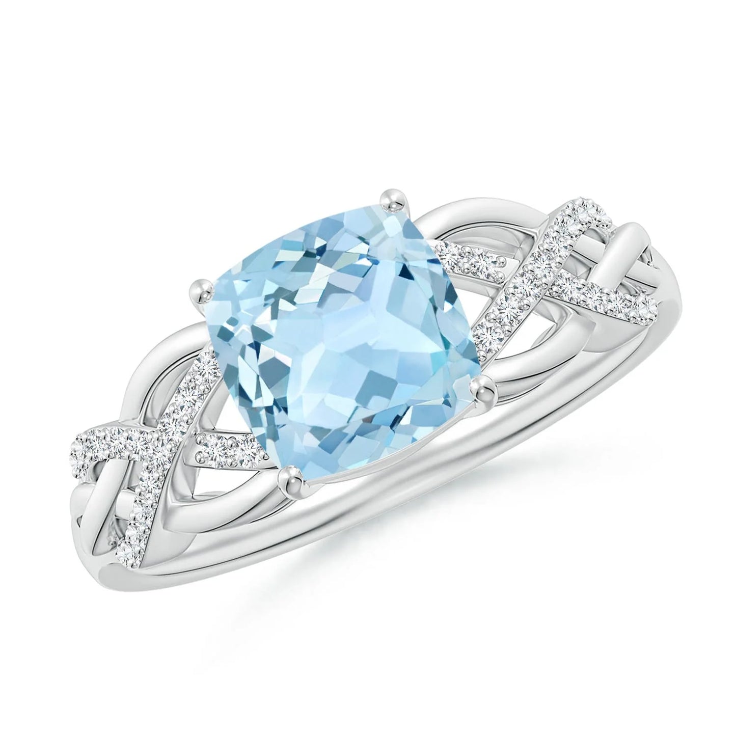 14k Solid Gold Unique Design Criss Cross Shank Cushion Cut Natural Aquamarine Ring With Pave Diamond Classic Engagement Ring OEM