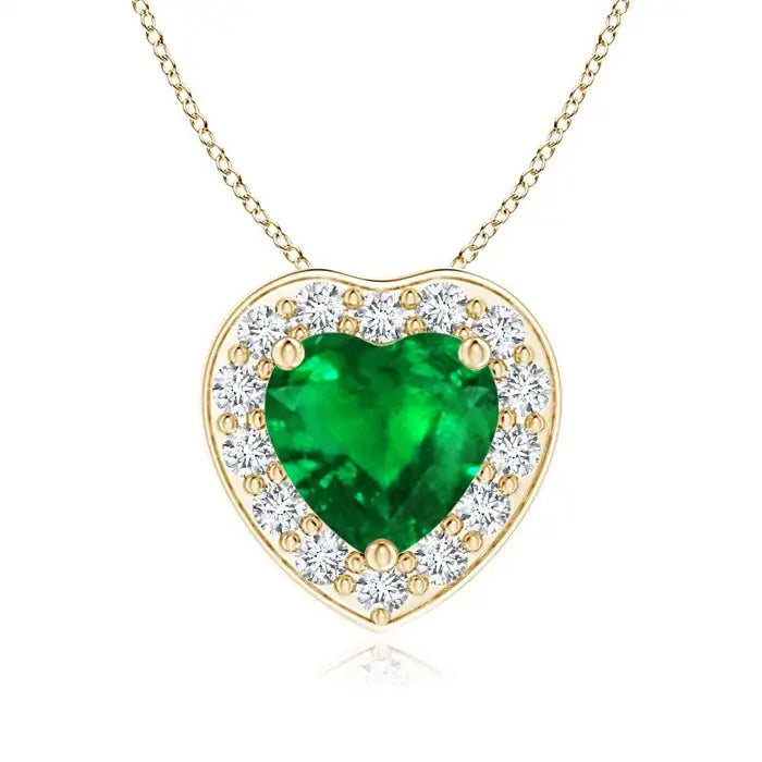 14K Pure Gold Heart-Shaped Zambian Green Emerald Pendant With Diamond Halo High Quality Claw Sett IGI Certified Gemstone Pendant