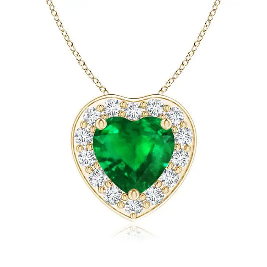 14K Pure Gold Heart-Shaped Zambian Green Emerald Pendant With Diamond Halo High Quality Claw Sett IGI Certified Gemstone Pendant