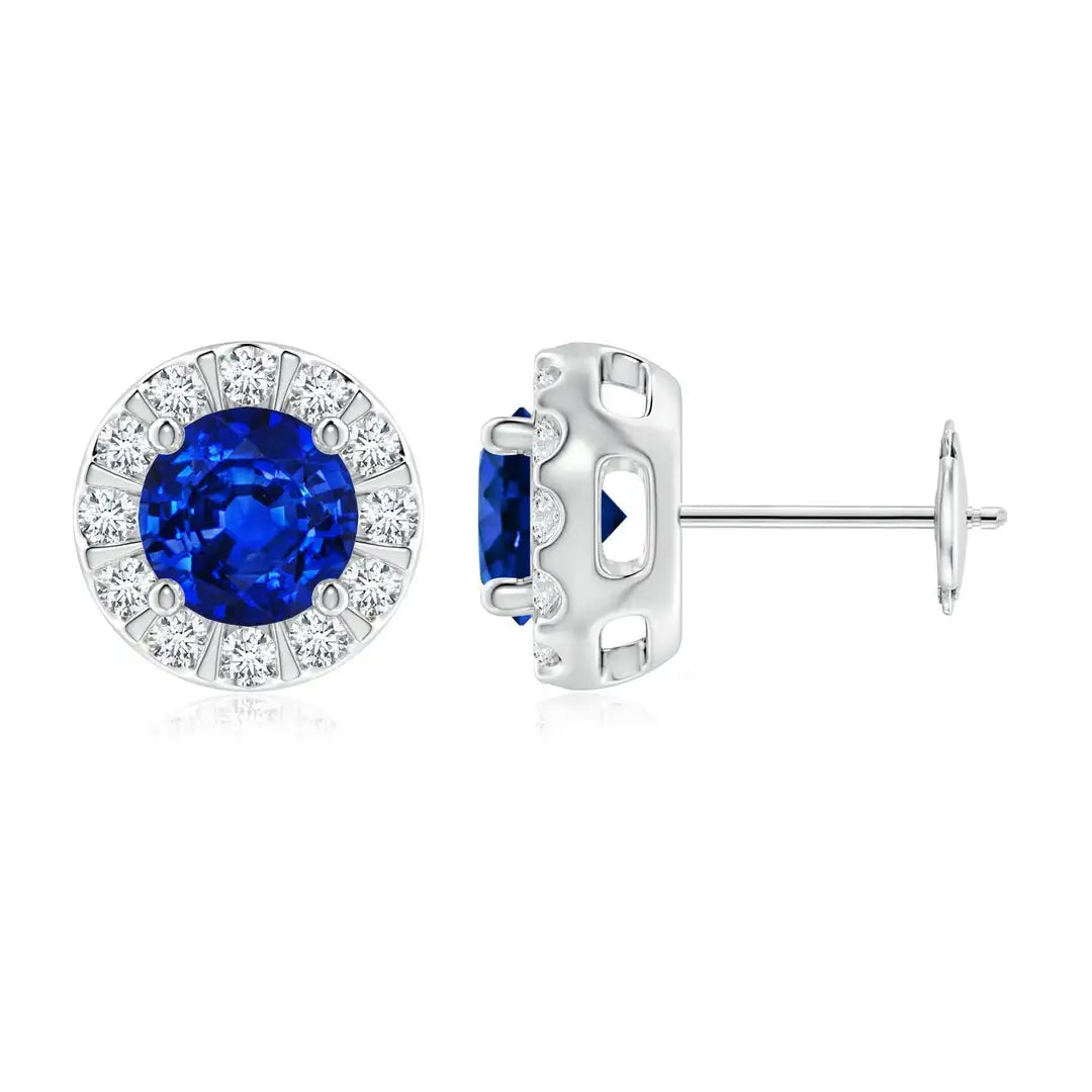 Blue Sapphire Diamond Halo Stud Earrings in 14kt White Gold Elegant September Birthstone Fine Jewelry for Women
