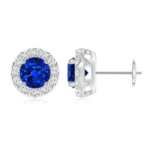 Blue Sapphire Diamond Halo Stud Earrings in 14kt White Gold Elegant September Birthstone Fine Jewelry for Women