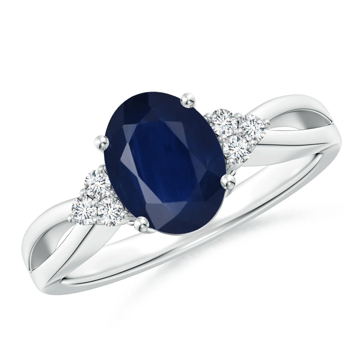 Natural Three Side Diamond With Center Blue Sapphire Gemstone Engagement Solitaire Ring 14K Solid Gold Split Shank Unisex Ring