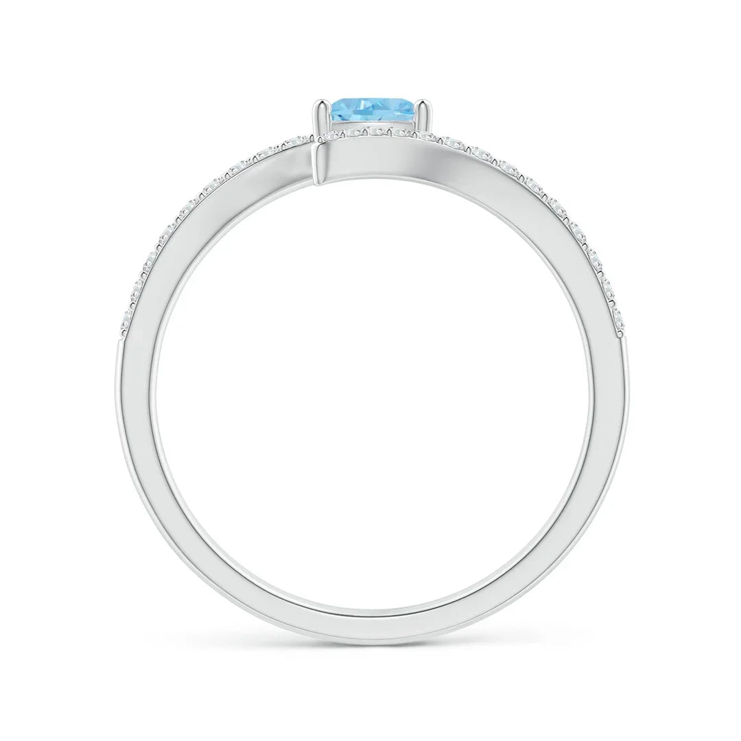 Classic Trillion Aquamarine Pisces Bypass Ring with Diamonds Handmade Customized Fine Jewelry Wedding Engagement 14K Solid Gold