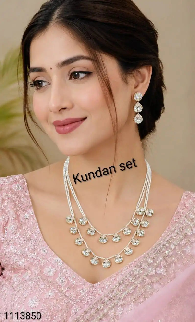 Luxury Kundan Pear l Layered Necklace Set & Green Stone Earrings Traditional Indian Bridal Wedding Jewelry for Women Party Wear
