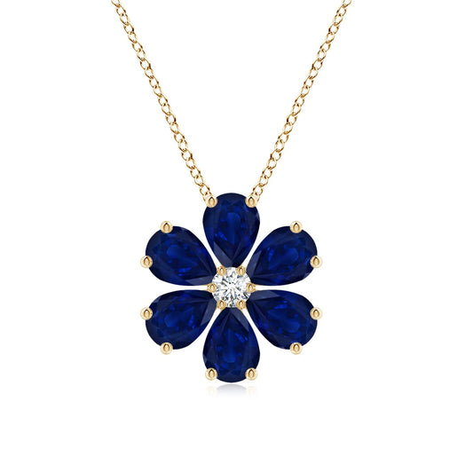 High Quality IGI Certified 6*4MM 2.1Ct Blue Sapphire Gemstone Flower Cluster Pendant with 0.07Ct Diamond In 14K 18K Solid Gold