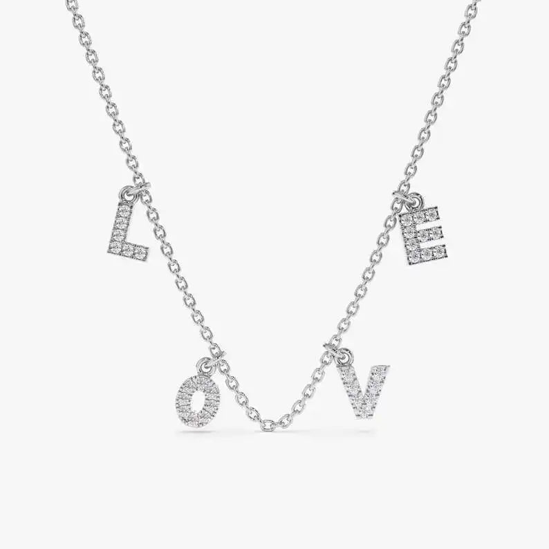 High Quality 9K Solid Gold Natural Diamond Studded LOVE Letter Necklace 32 Diamonds 0.12 Carat Custom Made Luxury Romantic Charm