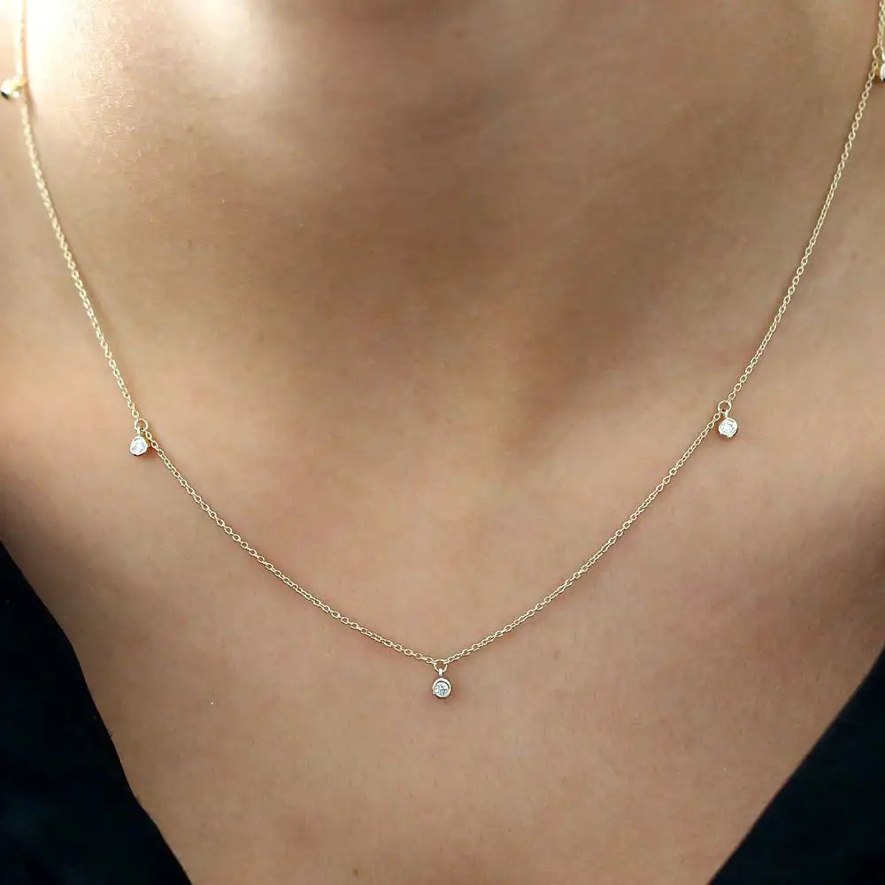 14k Gold Bezel Setting Natural Dangling Diamond Necklace 0.17ct Brilliant Cut Custom Made Wedding Wear Link Chain 2 Grams Third