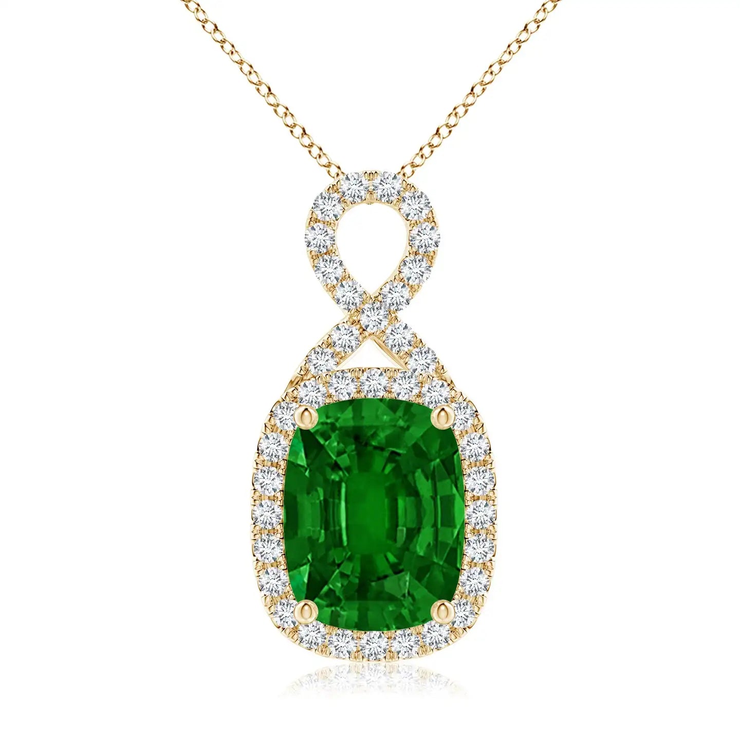 14K Gold IGI Certified 8*6MM 1.25C Rectangular Cushion Cut Natural Green Emerald Infinity Pendant With Pave Set Accented Diamond