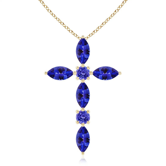 Top Quality Handmade Fine Jewelry Christmas Gift 14K Gold Marquise & Round 0.78Ct IGI Certified Natural Tanzanite Cross Pendant