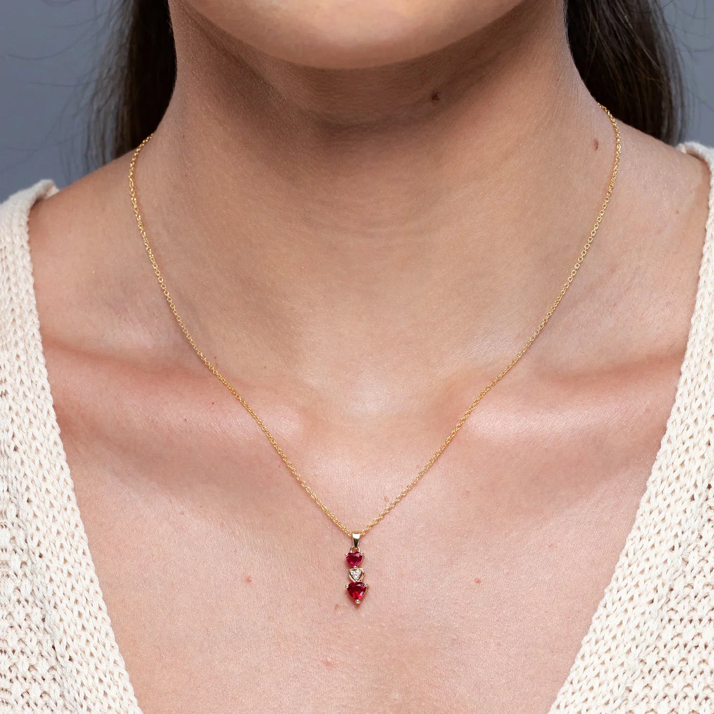 14K Pure Gold Natural Red Ruby Dangling Triple Heart Shape Pendant With Diamond Romantic Fine Jewelry Anniversary Gift For Her