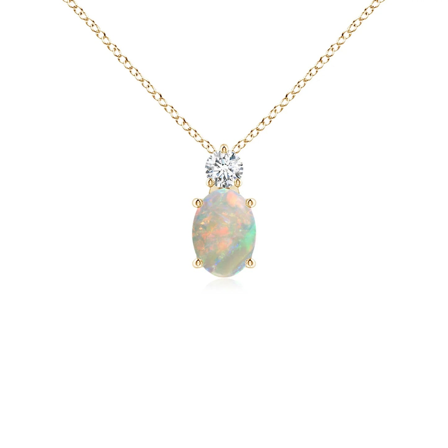 2026 Top Selling IGI Certified 14K Solid Gold Oval Cut Opal Solitaire Pendant with Diamond Two Stone Everyday Wear Necklace ODM