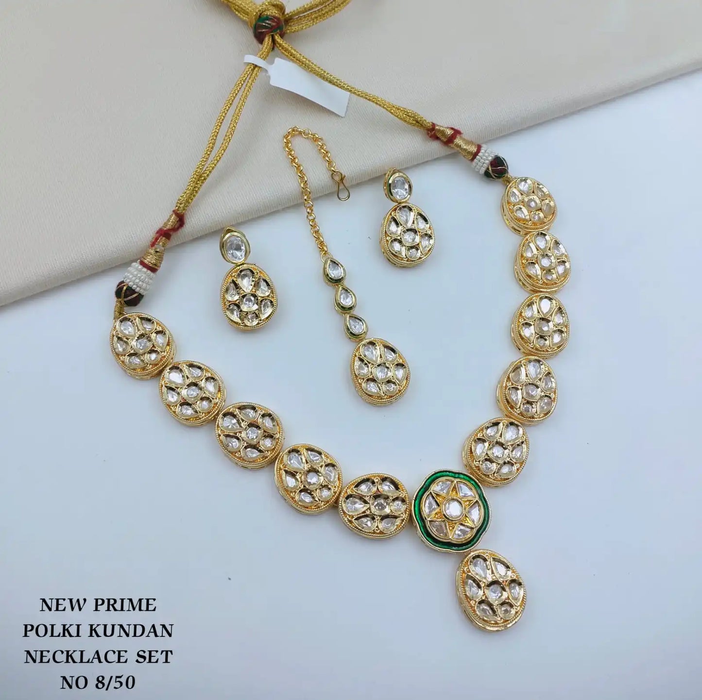 Luxury Prime Polki Kundan Bezel Setting Gold Plated Necklace Set Earrings Maang Tikka Traditional Bridal Wedding Jewellery Set