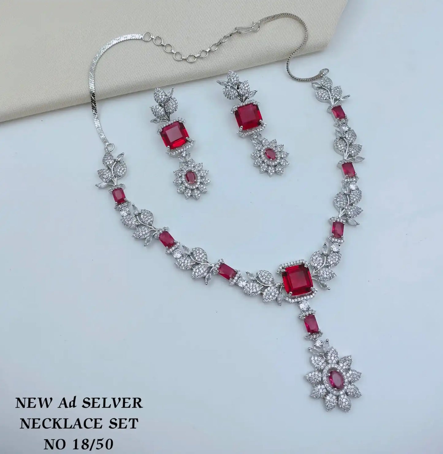 Designer Green AD Silver Plated Emerald Cut CZ Necklace Set with Earrings Floral Leaf Party Wear Jewelry Wholesale Set For Women