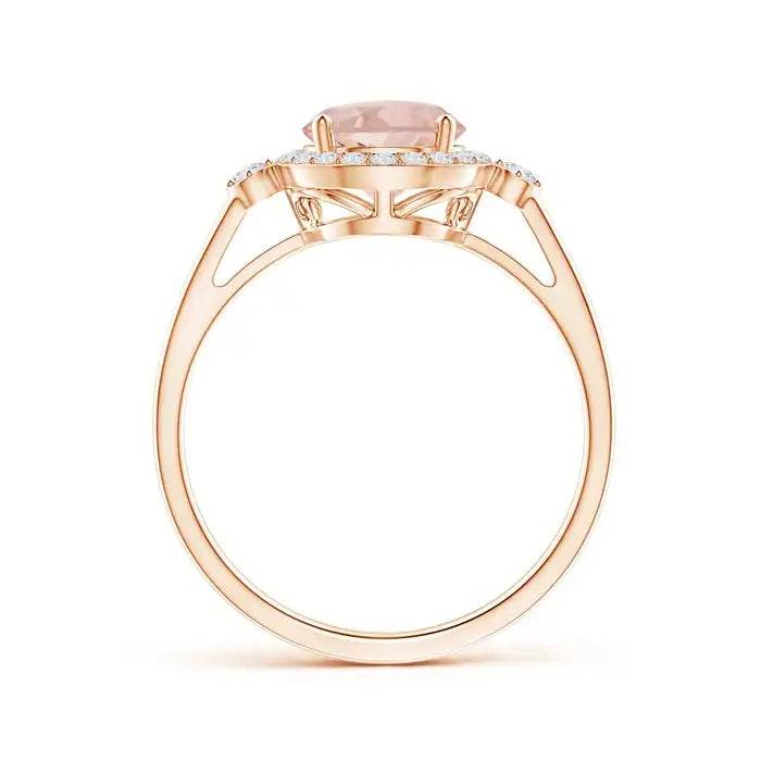 14K Solid Gold Classic Prong-Set Round Morganite and Diamond Halo Ring Handmade Customized Fine Jewelry Wedding Engagement
