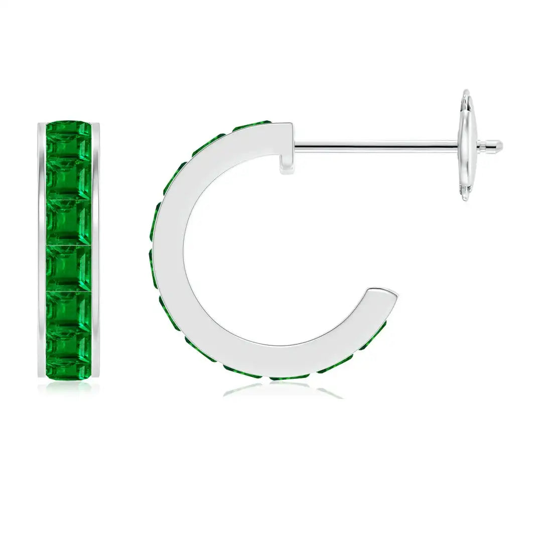 Emerald Hoop Earrings 14kt White Gold Channel Set Baguette Emerald Minimalist Luxury Fine Jewelry for Women