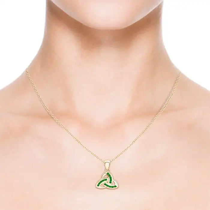 14K Solid Gold Natural Emerald Dangling Channel-Set Emerald Celtic Knot Pendant Classic Fine Jewellery Anniversary Gift For Her