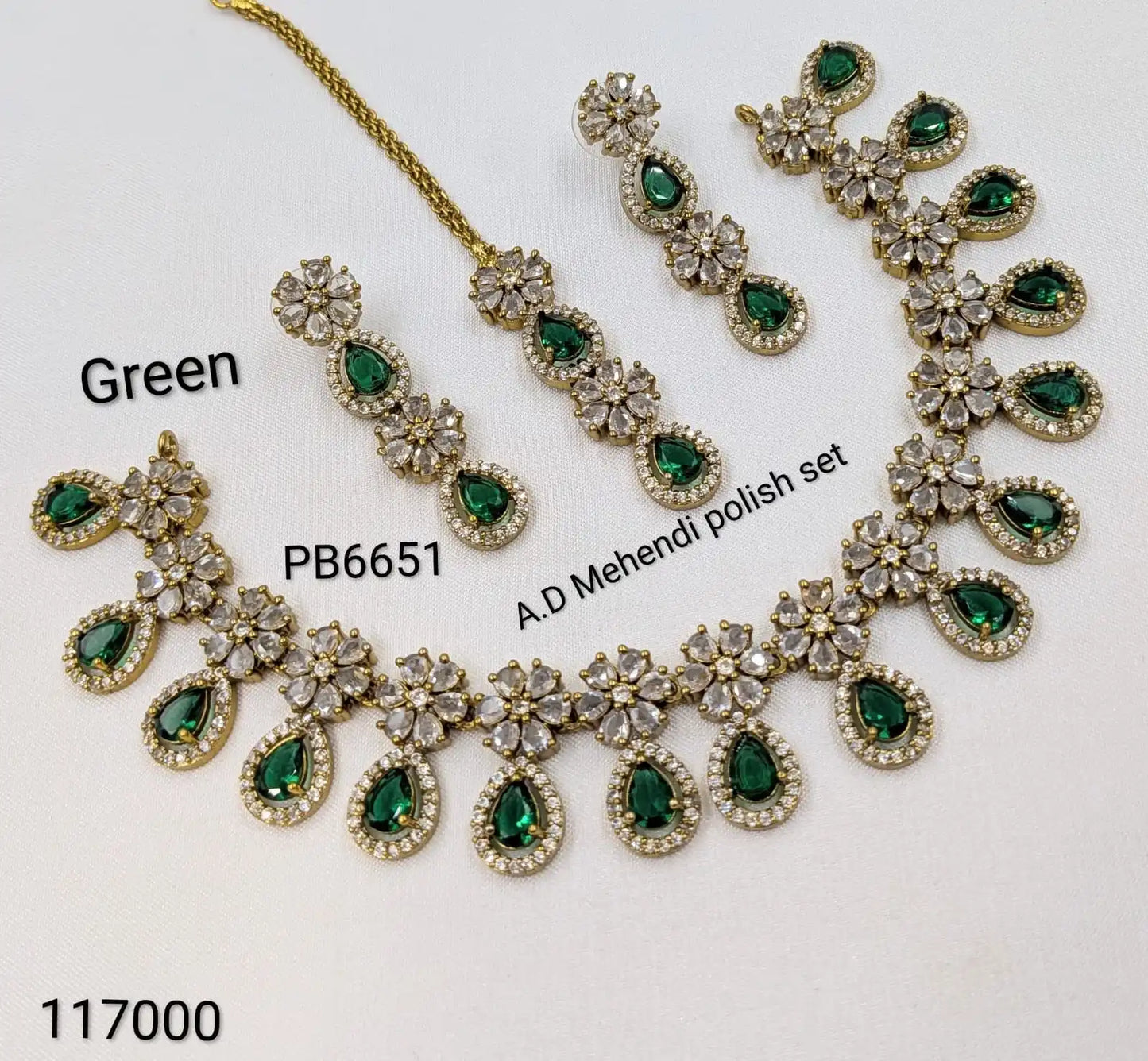 AD Green Mehendi Polish Necklace Set with Earrings and Maang Tikka, Bridal Artificial Jewellery, American Diamond Floral Design