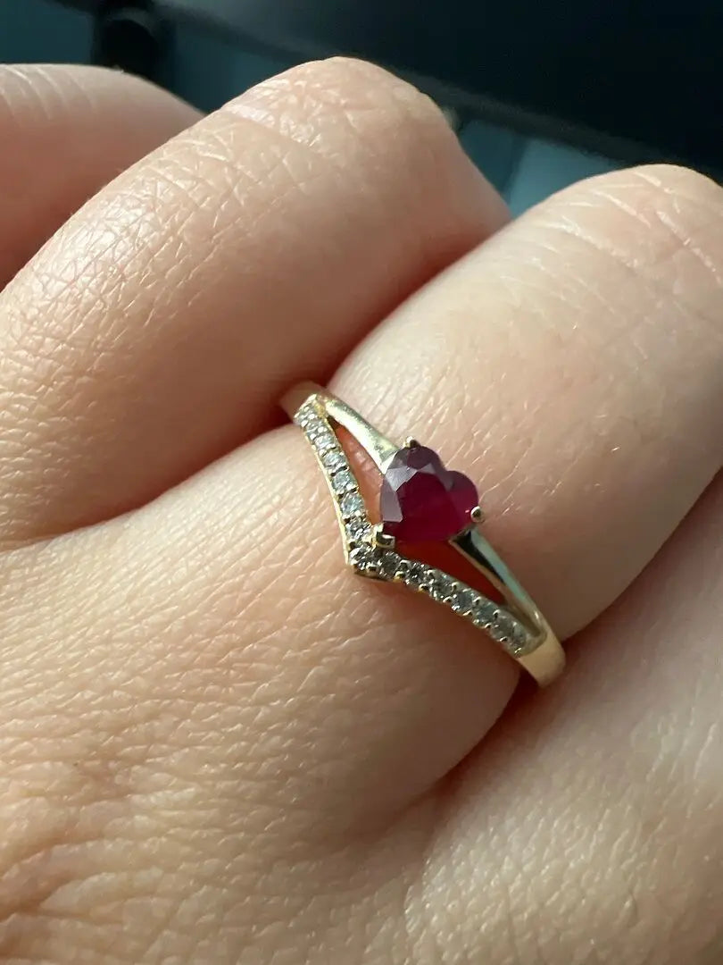 14K Solid Gold Natural Solitaire Heart Cut Ruby & Diamond Chevron Ring Latest Arrival Fine Jewelry Romantic Designer Unisex Ring