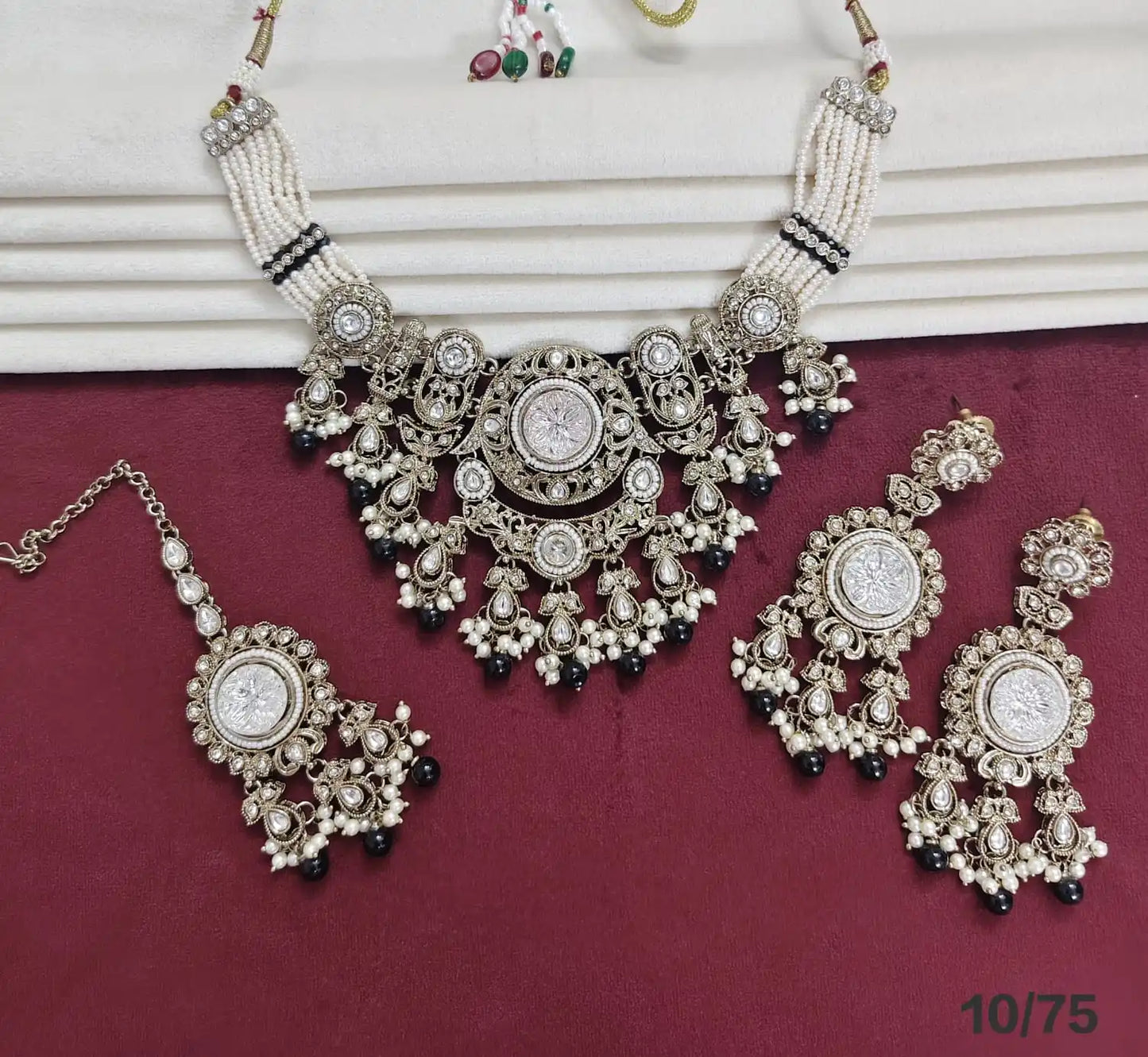Luxury Oxidised Pearl Beaded Necklace Set with Aqua Blue Stones Designer Bridal Party Wear Jewelry Set with Earrings  for women