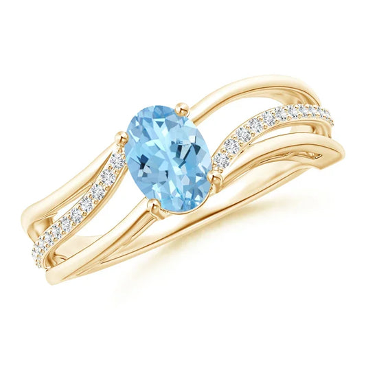 14K Gold Prong Set Oval Cut Solitaire Natural Aquamarine Bypass Ring with Diamond Accents Handmade Ready To Ship Engagement Ring
