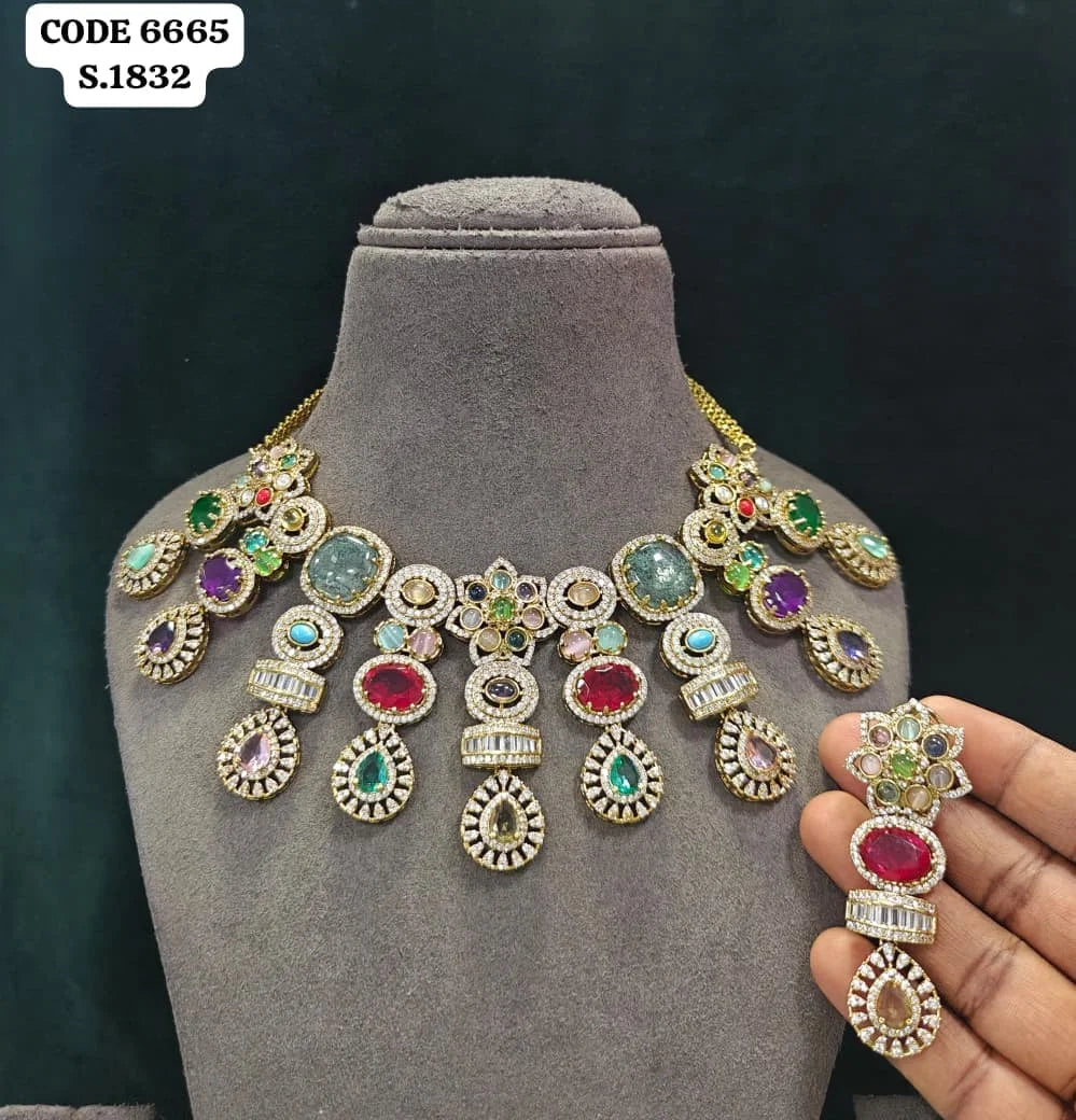 Luxury Multi Gemstone Statement Choker Necklace Set Elegant Vintage Pear Cut Gold Plated Bridal Wedding Jewelry Set For Women