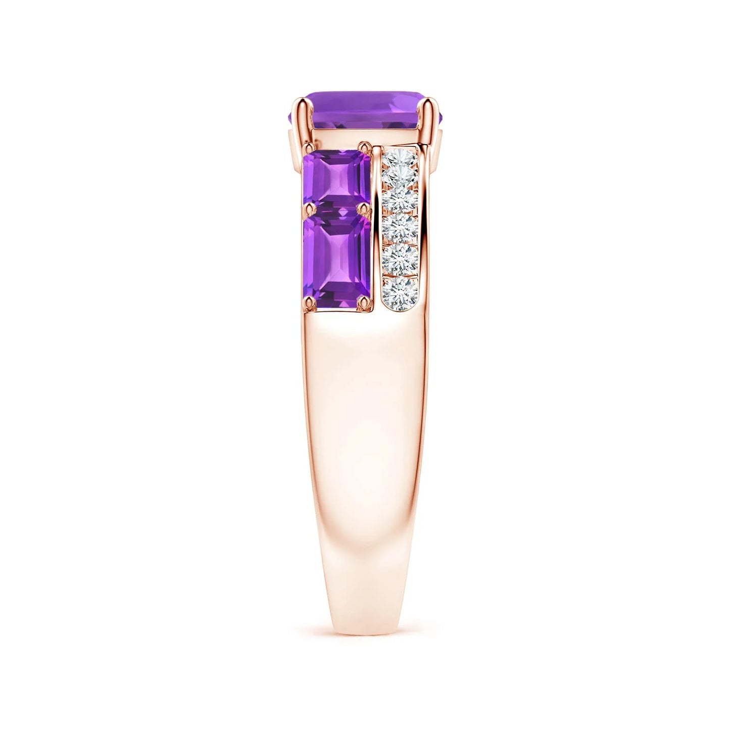Natural 7mm Cushion & 5*3 5mm Emerald Cut Amethyst & Round Diamond Double Band Ring 14k Gold Dual Band Wedding Ring For Women