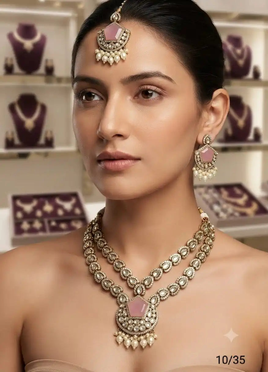 Traditional Antique Gold Plated Kundan Pearl Necklace Set with Ruby Stone Earrings Bridal Wedding Party Wear Jewelry Set For Wom