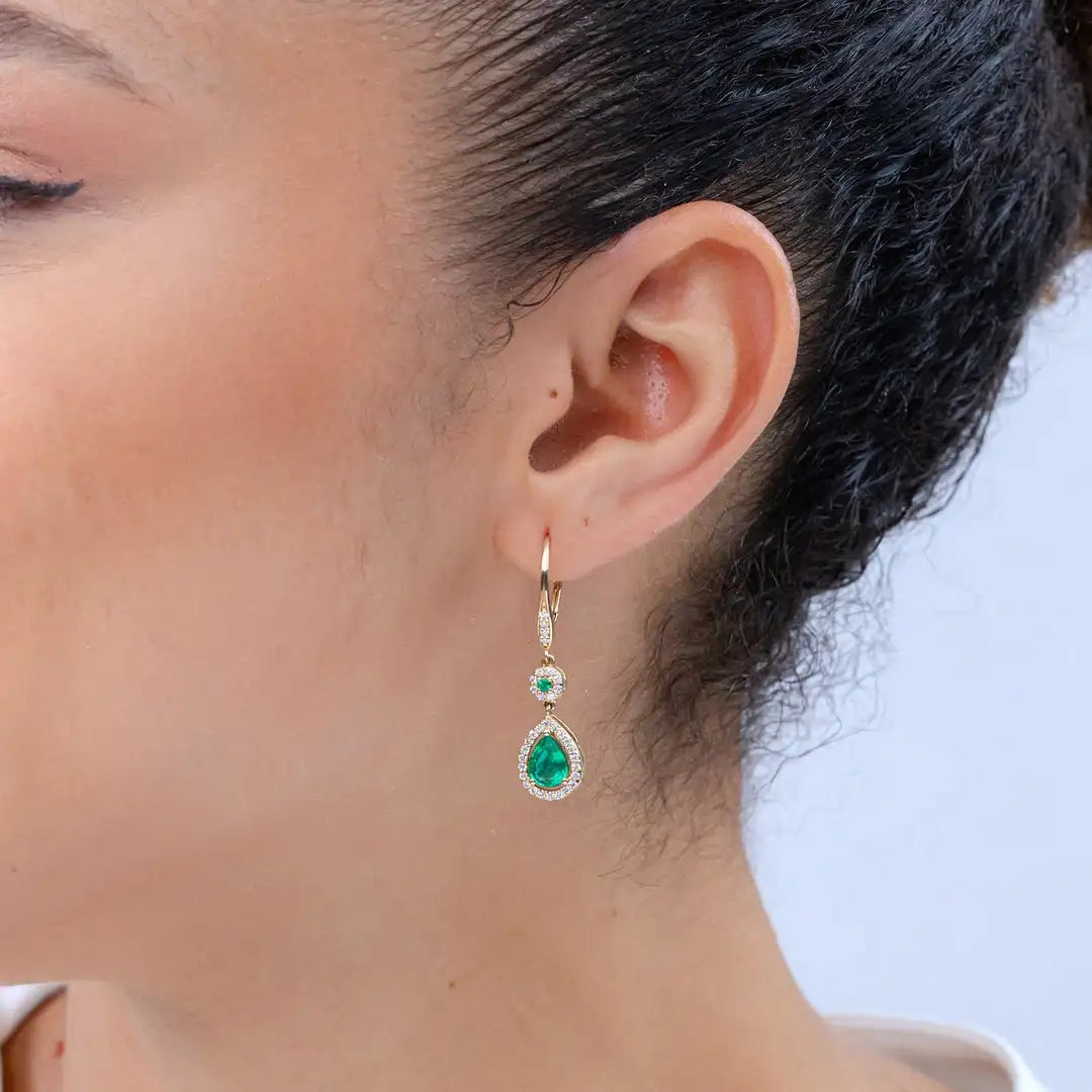 14kt Rose Gold Pear Emerald Halo Drop Dangle Earrings With Diamond Accents Women's Wedding Jewelry