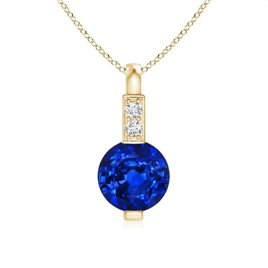 2026 New Arrival Minimalist Pendant For Her 14K 18K Gold 5mm Round Cut 0.45Ct Blue Sapphire Solitaire Pendant With Diamond Bale
