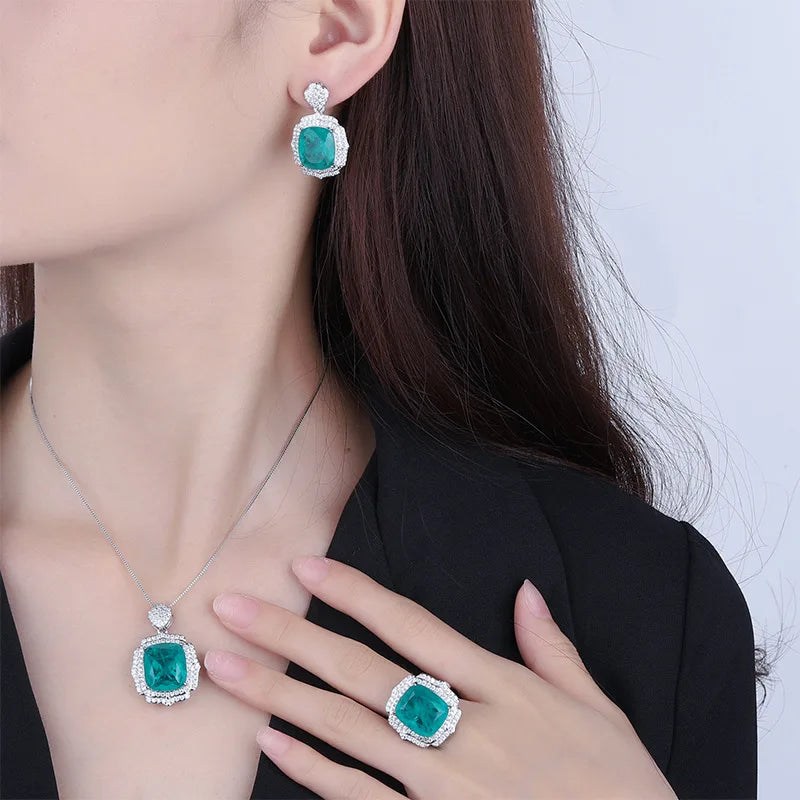 XOTICA Vintage Emerald Lab Diamond Green Semi Joias Jewelry Set Gold Earrings Ring Necklace Cushion Cut Square Fusion Crystal for Gifts