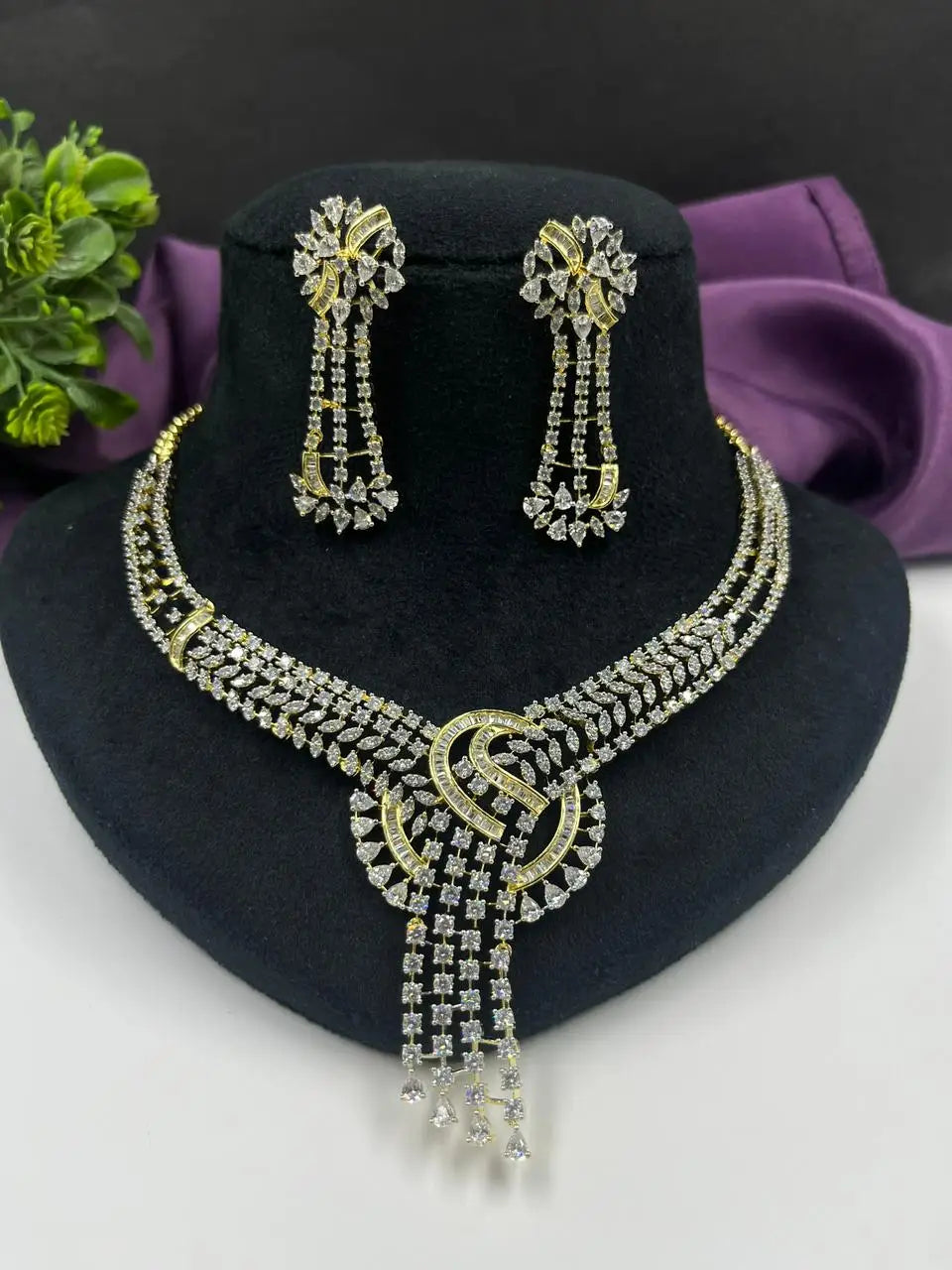 CZ diamond golden Necklace Earrings Jewelry Set for Women | Rhodium Alloy Handmade Imitation Indian Fashion Gift Anniversary Set