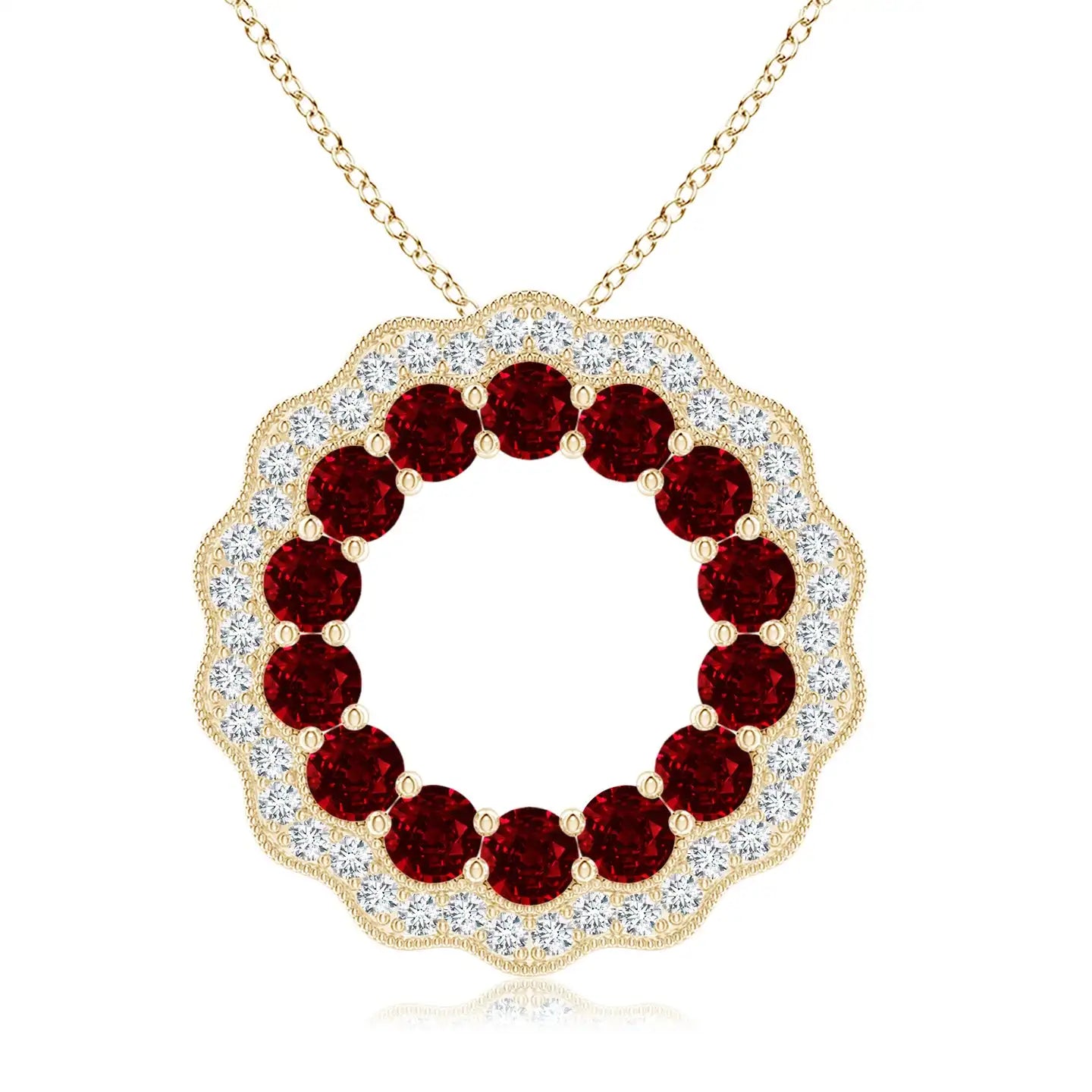 14k Solid Red Ruby & Diamond Floral Circle Pendant Top Quality Handmade Fine Jewelry Party Wear Hollow Circle Pendant For Woman
