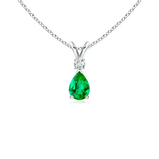 14K Gold IGI Certified 7x5MM 0.6Carat Pear Cut Natural Green Emerald & Diamond V Bale Pendant IGI Certified Fine Jewelry Pendant