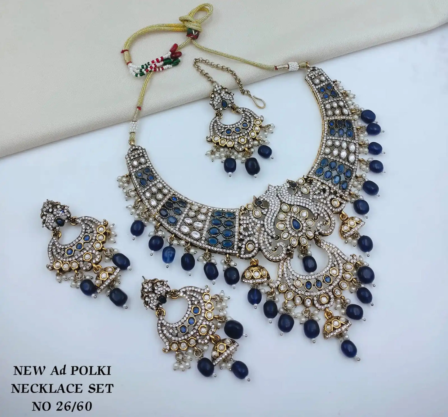 Luxury Royal Blue Bridal Wedding Jewelry Set with Necklace Earrings & Maang Tikka Cubic Zirconia Rhodium Plated