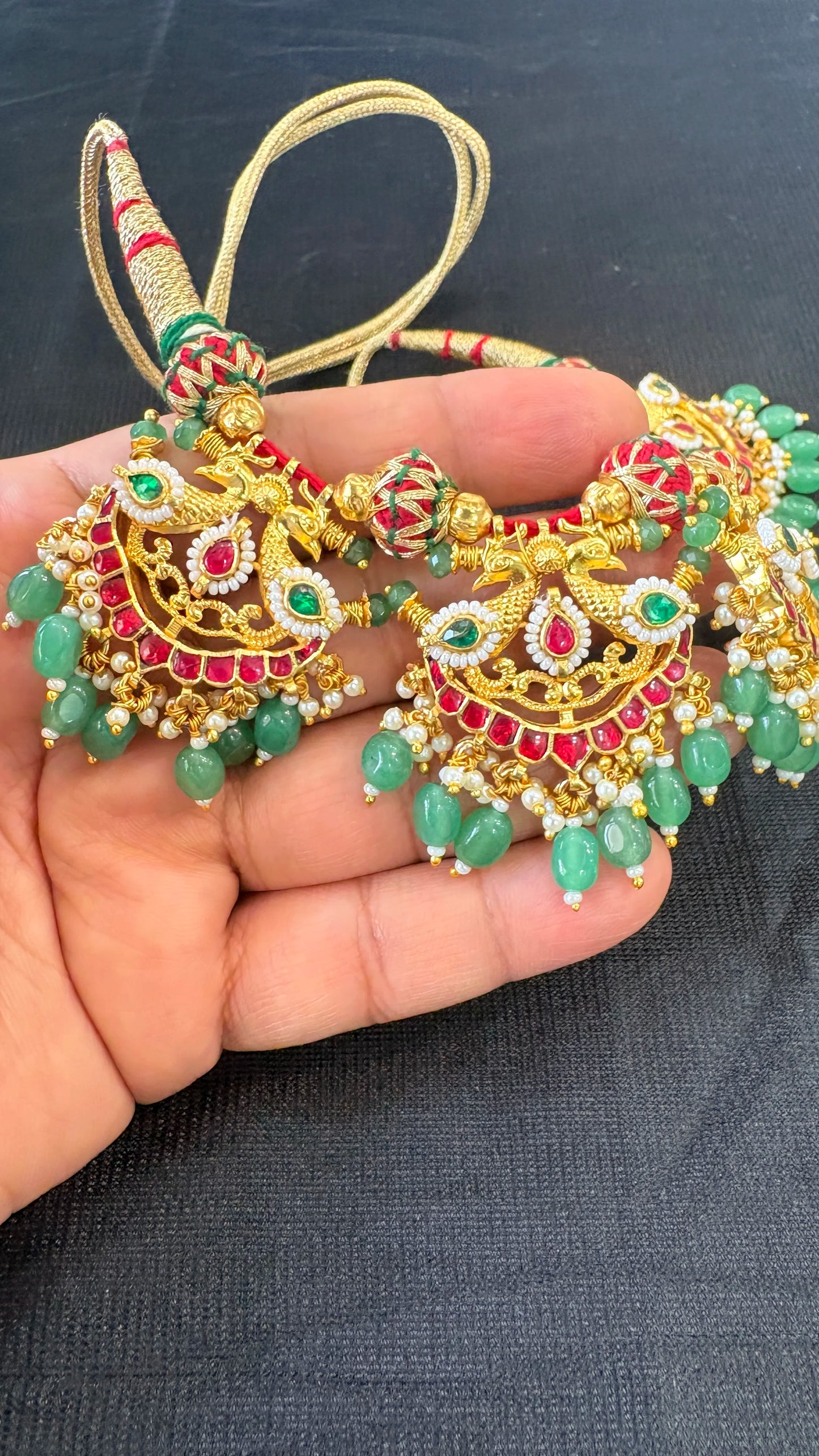 Gold Plated Ethnic Choker Necklace Set with Ruby and Green Stones Strand Tassel for Women Wedding Jewelry