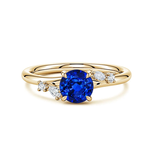 14K Solid Gold 6MM Round Cut 1 Ctw Blue Sapphire Engagement Ring with Multi-Shape Natural Certified Diamond Accents Fine Jewelry