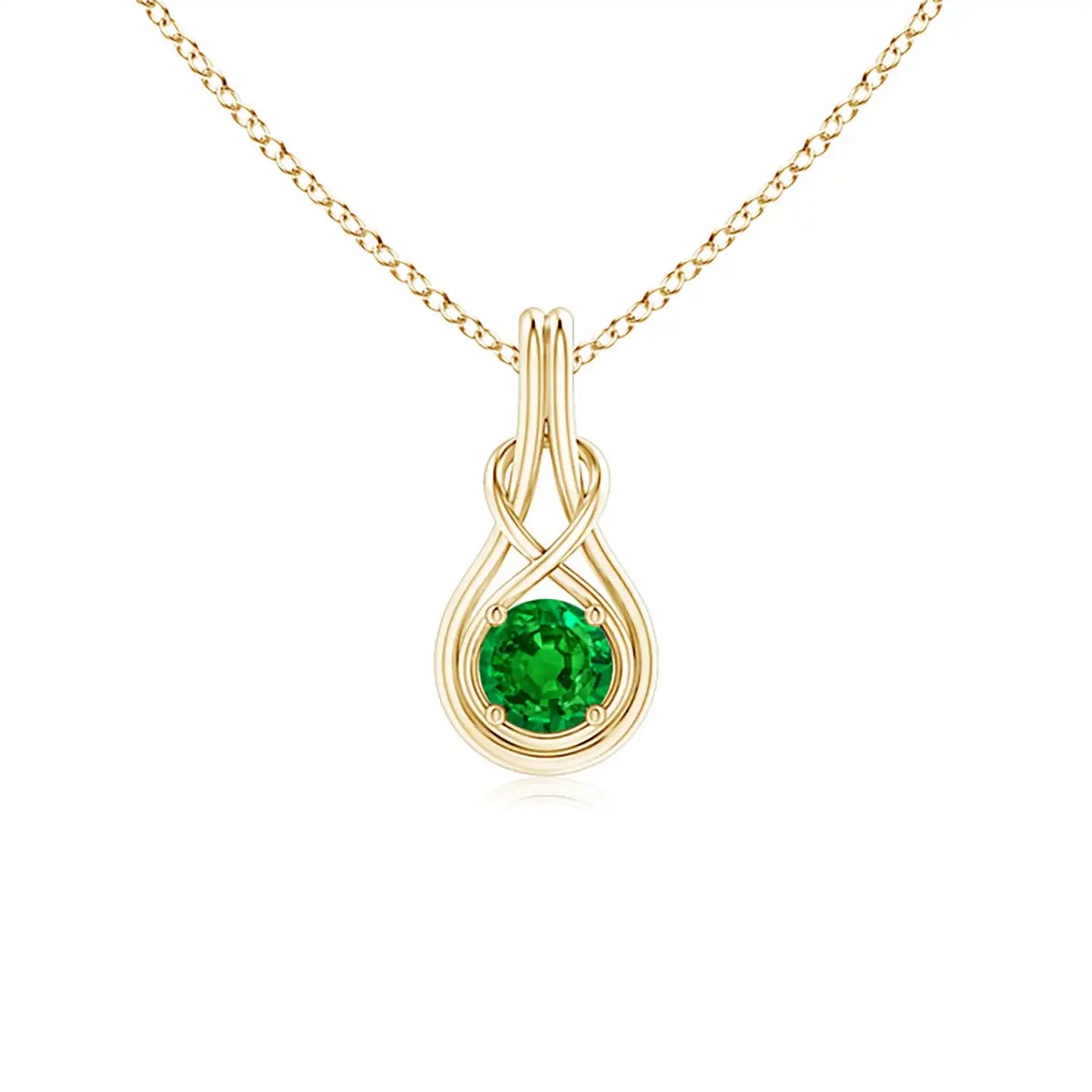 New 14K Solid Gold Natural Round Emerald Solitaire Infinity Knot Pendant Fine Jewellery Anniversary Wedding New Arrival