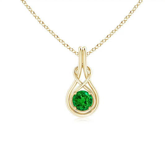 New 14K Solid Gold Natural Round Emerald Solitaire Infinity Knot Pendant Fine Jewellery Anniversary Wedding New Arrival