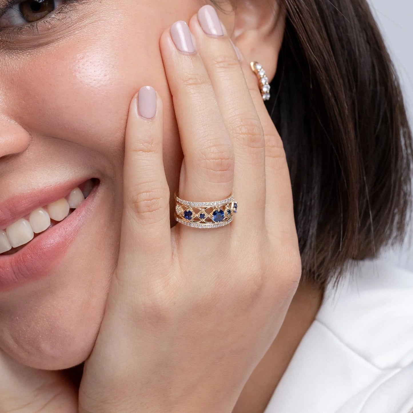 14K Solid Gold Art Deco Inspired Graduated Natural Blue Sapphire Gemstone and Diamond Ring Luxury Fine Jewelry Wedding Band Ring