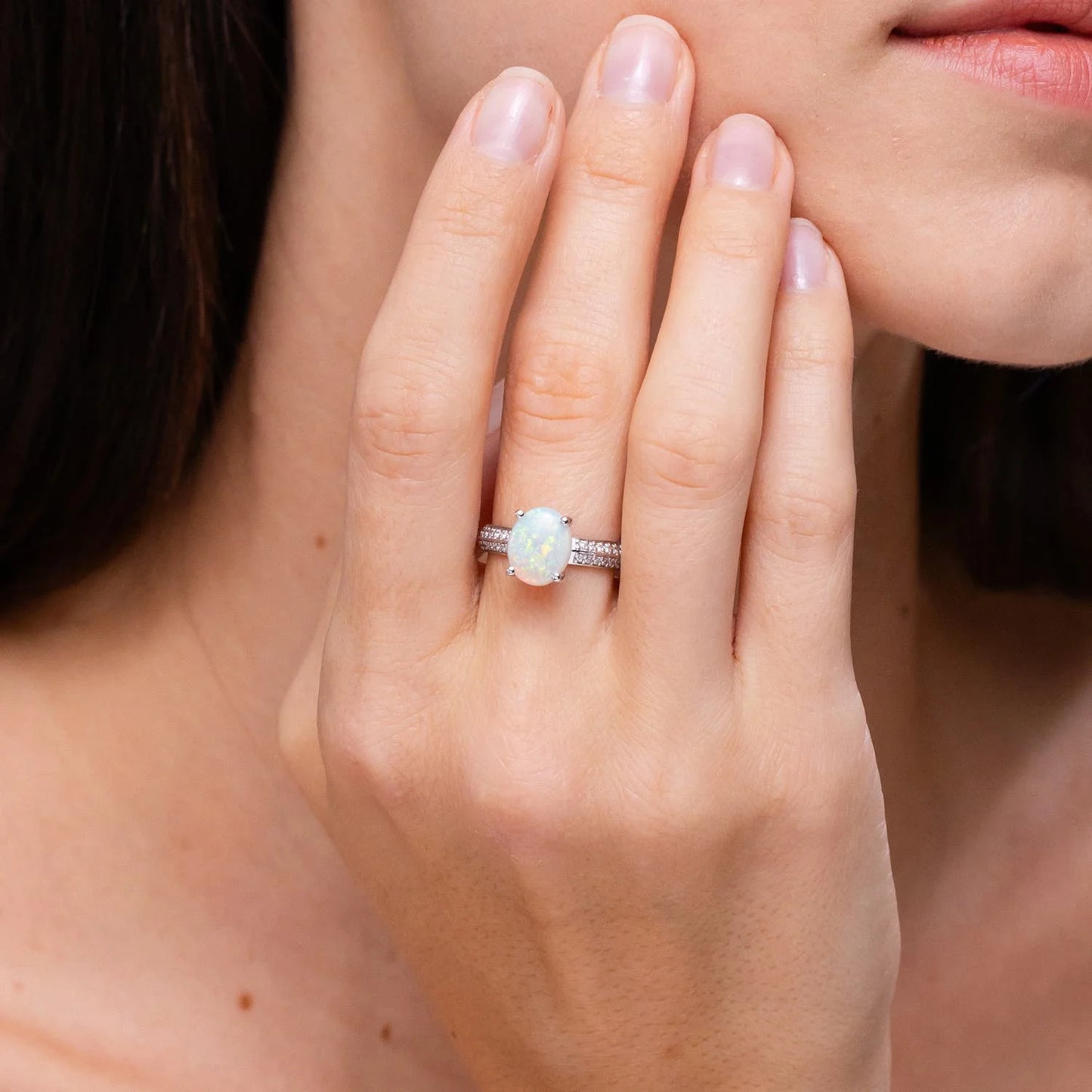 14K Pure Gold Classic Oval Cut Natural Ethiopian Opal Knife Edge Ring Pave Setting Round Cut Accent Diamond Dual Side Band Ring