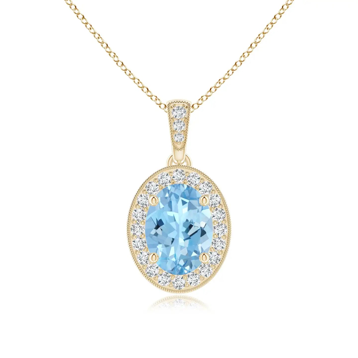 14K Gold Vintage Style IGI Certified 7*5MM Oval 0.66 Ctw Aquamarine Pendant With 0.12 Ctw Diamond Halo Luxury Party Wear Pendant