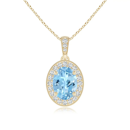 14K Gold Vintage Style IGI Certified 7*5MM Oval 0.66 Ctw Aquamarine Pendant With 0.12 Ctw Diamond Halo Luxury Party Wear Pendant