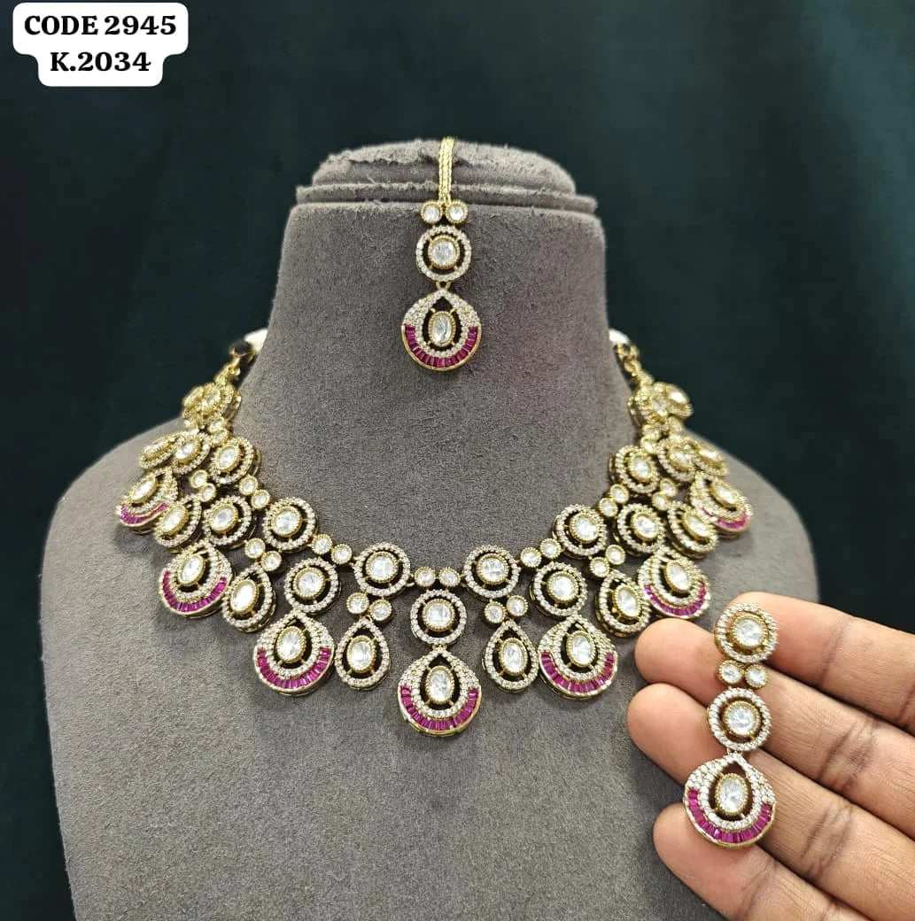 Luxury Kundan Necklace Set with Pear Drop Stones, Gold Plated Bridal Wedding Jewelry Set with Earrings and Maang Tikka Set