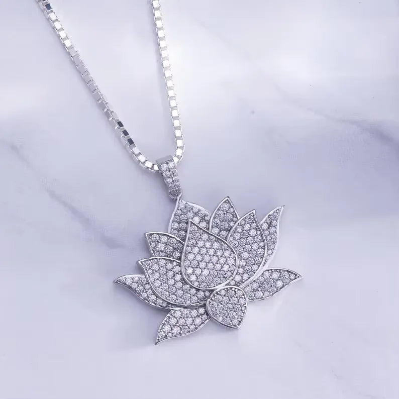 BiG-BOSS Iced Out Lotus Flower Men's Hip Hop Pendant with Moissanite Stones Luxury Jewelry for Party Occasions