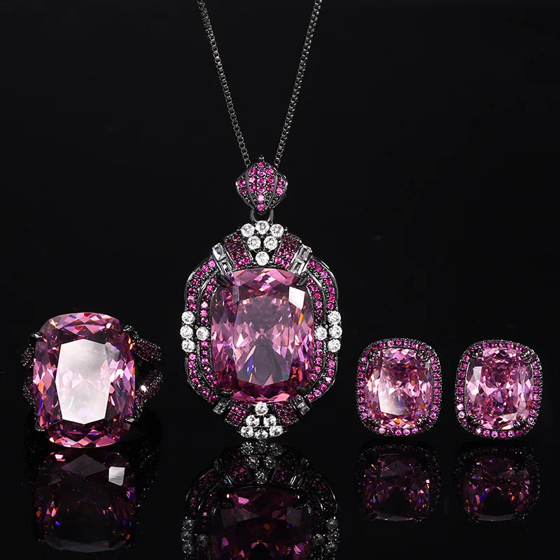 Gemfiori Luxury Black Rhodium Plated Jewelry Set Cushion Cut Simulated Blue Halo Vintage Dark Zircon Pendant Necklaces Ring Stud Earring