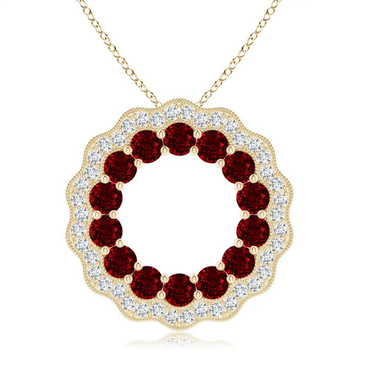 14k Solid Red Ruby & Diamond Floral Circle Pendant Top Quality Handmade Fine Jewelry Party Wear Hollow Circle Pendant For Woman