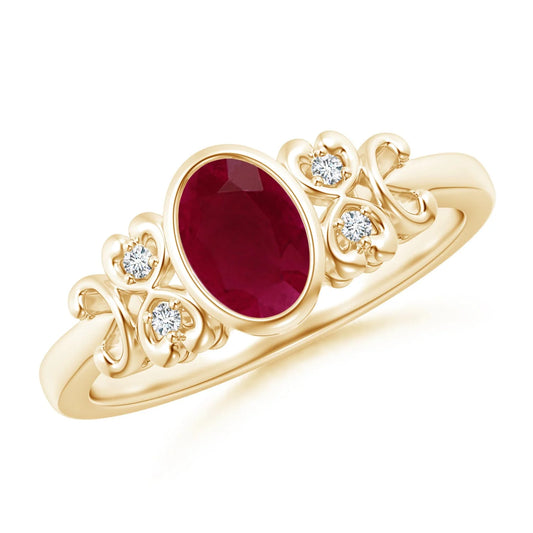 14K Solid Gold Vintage Style Bezel-Setting Oval Cut Natural Ruby Gemstone Ring with Side Diamonds Designer Band Engagement Ring