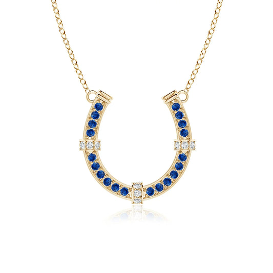 Classic Designer Lucky Fine Jewelry Horseshoe Pendant 14K Gold Natural Blue Sapphire Pave-Set Diamond Horseshoe Pendant Necklace