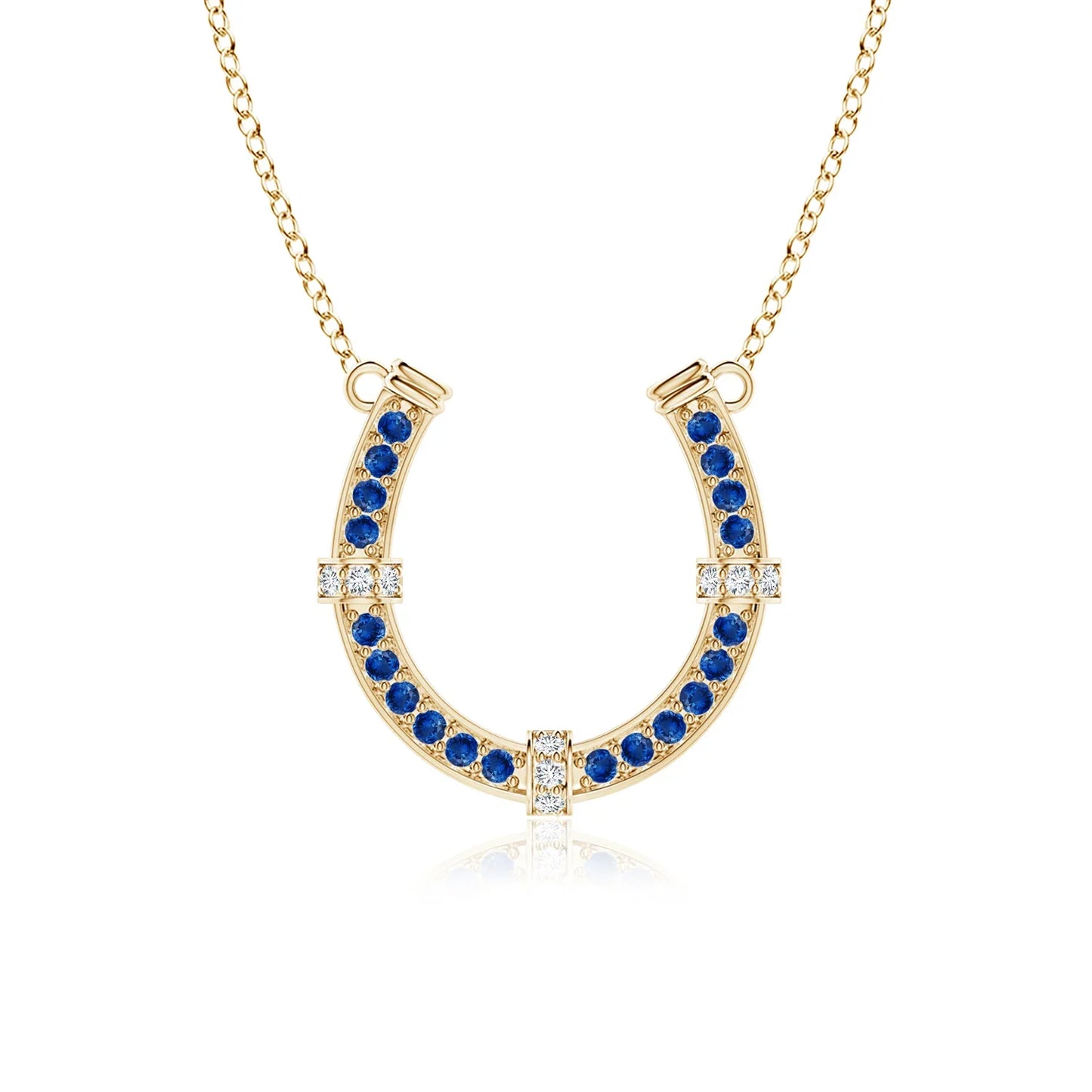 Classic Designer Lucky Fine Jewelry Horseshoe Pendant 14K Gold Natural Blue Sapphire Pave-Set Diamond Horseshoe Pendant Necklace